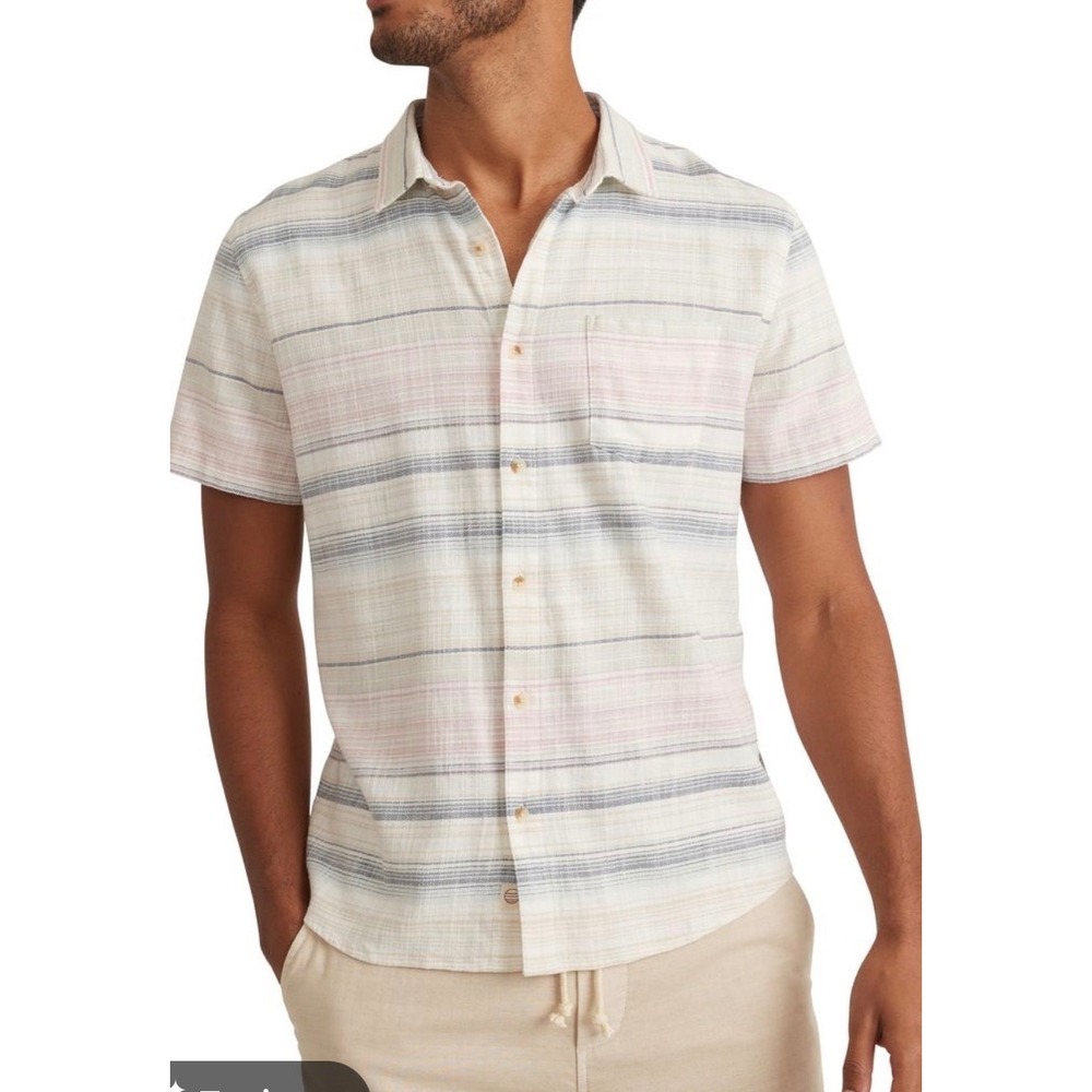 Marine Layer Mens Medium Short Sleeve Button Down Striped Slub Shirt Multi Color